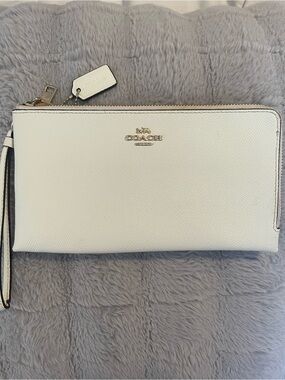 Coach Cream Color Double Leather Zip Wristlet with Gold Logo
